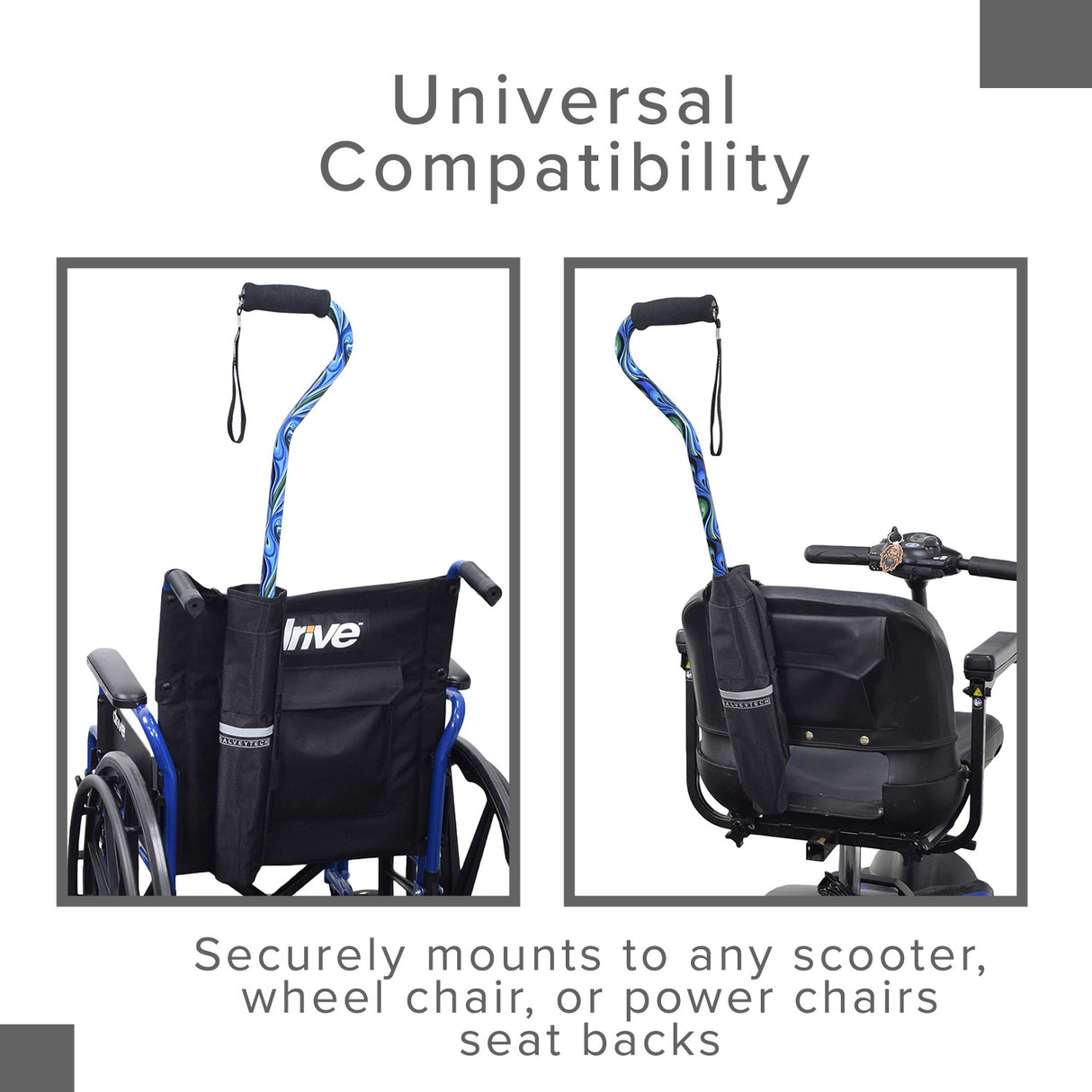 Universal Cane Holder for Mobility Scooters & Power Chairs attached to a blue and black wheelchair backrest with a black bag underneath.