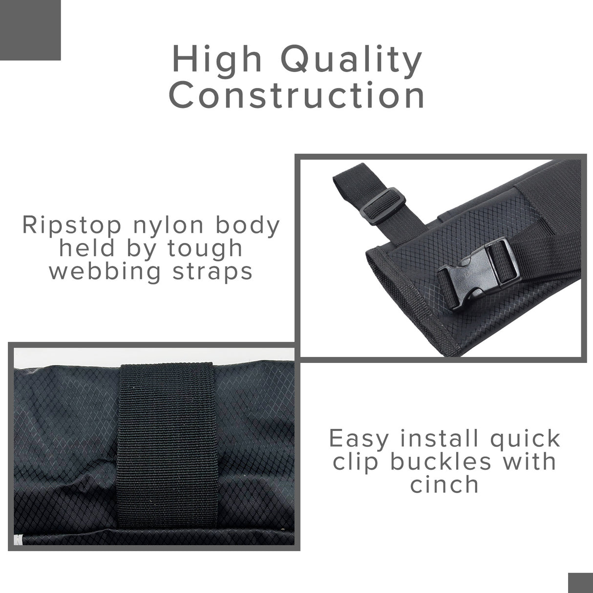 Close-up of the AlveyTech Universal Cane Holder for Mobility Scooters & Power Chairs, showing a black ripstop fabric pouch with an adjustable nylon strap and a visible logo.