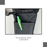 Universal Cane Holder for Mobility Scooters & Power Chairs, a black fabric pouch with a green pen in the pocket, designed for easy attachment and secure cane storage.