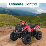 Two 145/70-6 off-road mini bike tires with knobby or V-tread patterns, ideal for dirt and loose surfaces, shown on a red ATV on a dirt road.