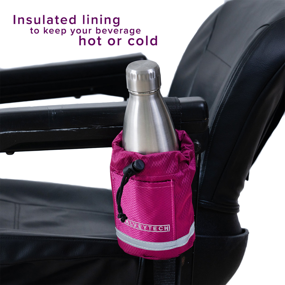 Unbreakable Universal Cup Holder for Mobility Scooters, Power Chairs, & Wheelchairs: Close-up of a stainless steel bottle in a pink fabric cup holder, showcasing its secure fit and durable design.