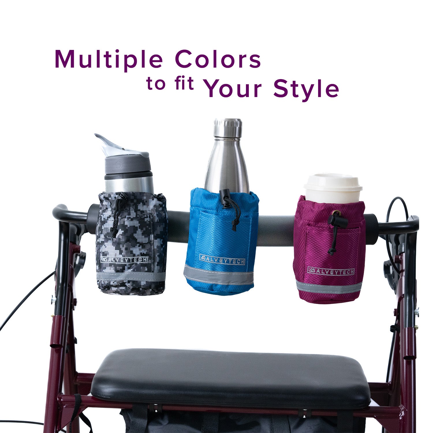 Unbreakable Universal Cup Holder for Mobility Scooters, Power Chairs, & Wheelchairs, featuring a sturdy fabric design with a bottle holder, attached to a mobility device armrest with quick-clip buckles.