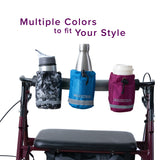 Unbreakable Universal Cup Holder for Mobility Scooters, Power Chairs, & Wheelchairs, featuring a sturdy fabric design with a bottle holder, attached to a mobility device armrest with quick-clip buckles.