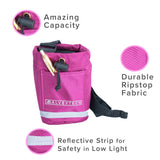 Unbreakable Universal Cup Holder for Mobility Scooters, Power Chairs, & Wheelchairs featuring a pink bag with black straps, showcasing a pen inside, and a close-up of the logo and black plastic stopper.