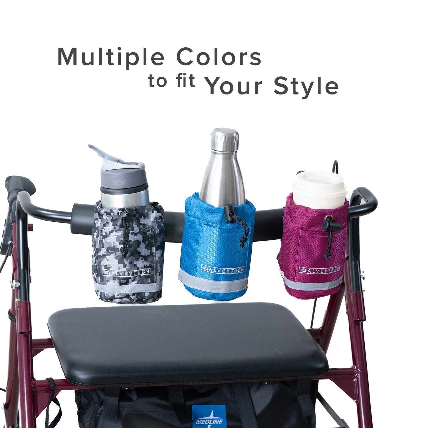 Unbreakable Universal Cup Holder for Mobility Scooters, Power Chairs, & Wheelchairs, showing a water bottle securely placed in the fabric holder, attached to a mobility device with quick-clip pinch buckles.