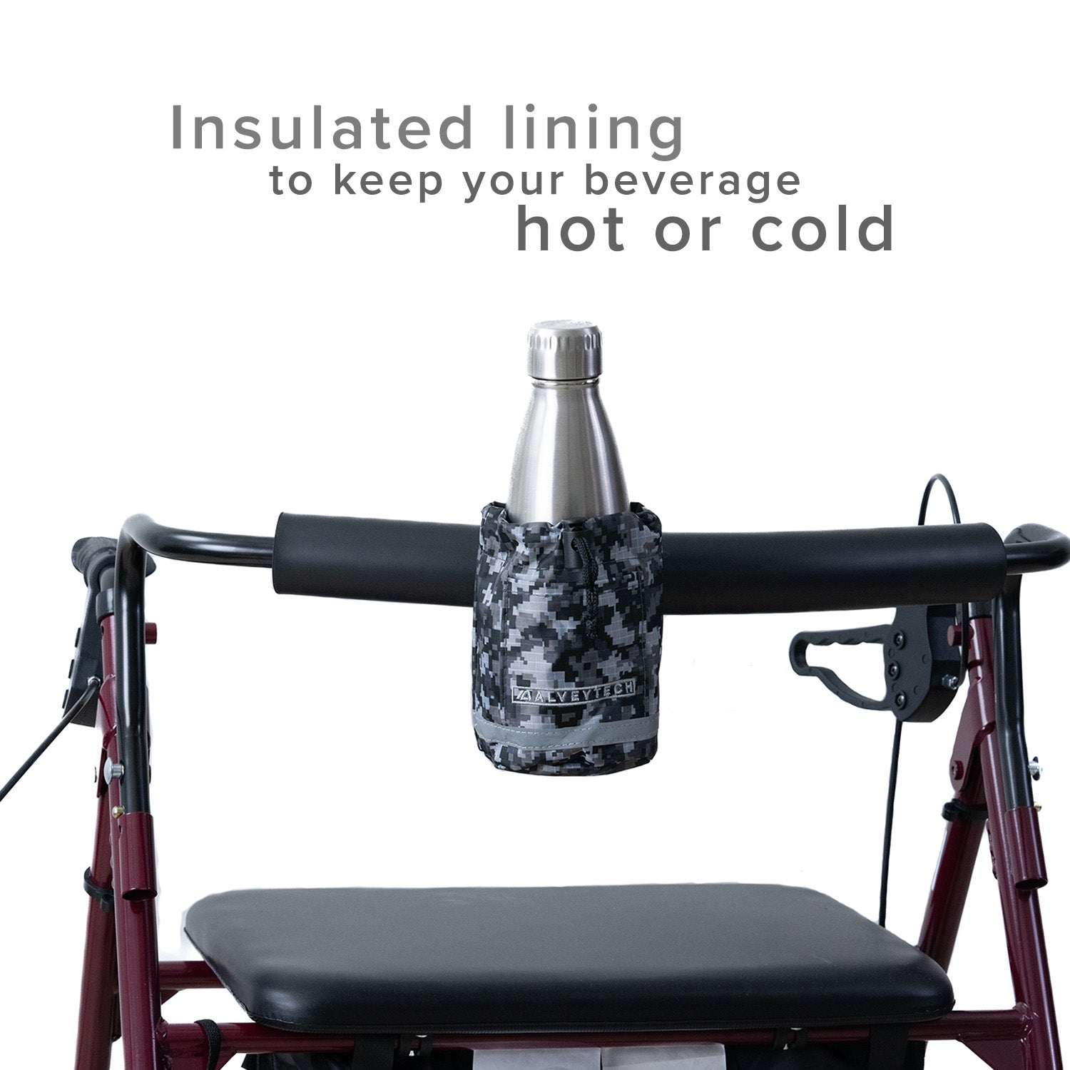 Unbreakable Universal Cup Holder for Mobility Scooters, Power Chairs, & Wheelchairs attached to a horizontal bar, showcasing its durable fabric construction and Quick-clip pinch buckles for secure mounting.