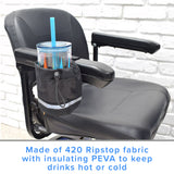 Unbreakable Universal Cup Holder for Mobility Scooters, Power Chairs, & Wheelchairs on a chair with a straw and pencils, demonstrating its versatile and secure mounting capabilities.