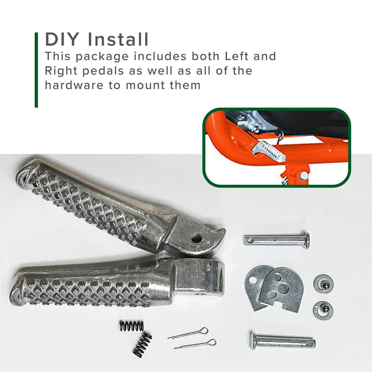 Foot Pegs for the Coleman BT200X, CT200U Trail, & CT200U-EX Mini Bikes (Set of 2) shown in a DIY installation setup with a close-up view of the metal pegs and springs.