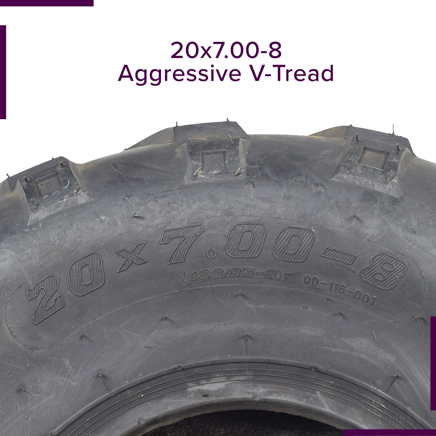 Close-up of a 20x7.00-8 ATV, Go-Kart, & Mini Bike Tire with QD116 V-Tread, showcasing its aggressive V-tread pattern designed for optimal traction in various off-road conditions.