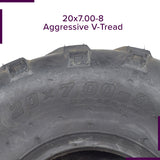 Close-up of a 20x7.00-8 ATV, Go-Kart, & Mini Bike Tire with QD116 V-Tread, showcasing its aggressive V-tread pattern designed for optimal traction in various off-road conditions.