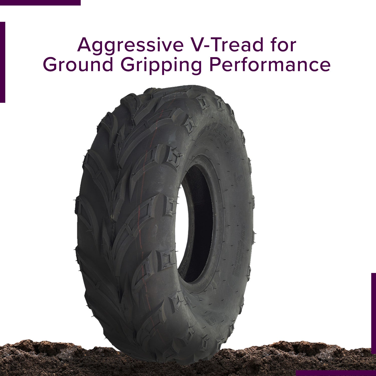 20x7.00-8 ATV, Go-Kart, & Mini Bike Tire with QD116 V-Tread featuring an aggressive black V-tread pattern, optimized for superior traction on various surfaces including mud, grass, and hard-packed dirt.