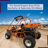 20x7.00-8 ATV, Go-Kart, & Mini Bike Tire with QD116 V-Tread shown on an orange buggy on a dirt road, highlighting its aggressive V-tread for superior traction in various terrains.