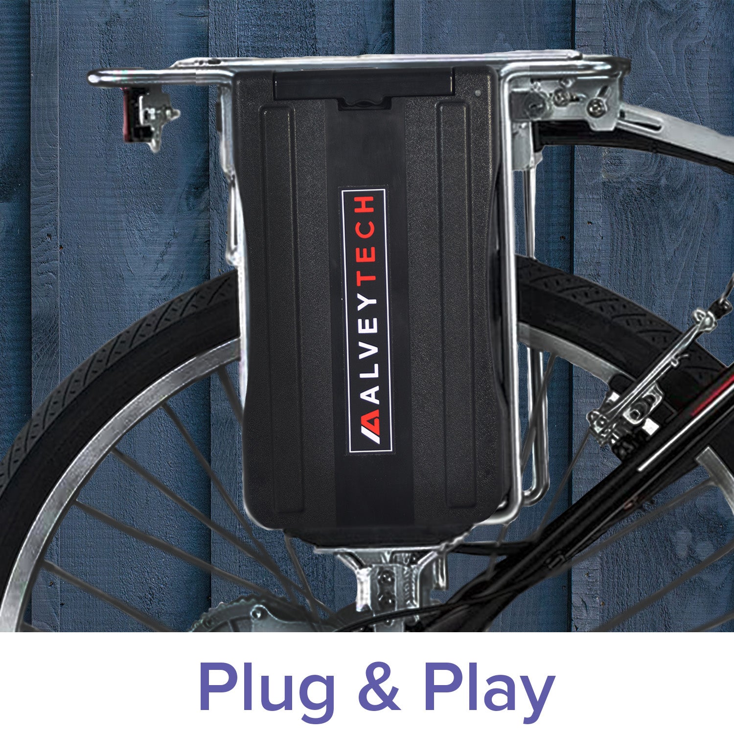 24 Volt Rack Mount Battery Pack for Currie Electric Bikes mounted on a bicycle frame, showcasing a black plastic case designed for easy removal and recharging.