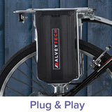 24 Volt Rack Mount Battery Pack for Currie Electric Bikes mounted on a bicycle frame, showcasing a black plastic case designed for easy removal and recharging.