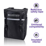 Extra Large Insulated Seat Back Bag (Backpack) for Mobility Scooters & Power Chairs with white text, sturdy straps, multiple compartments, and a black and white logo featuring a globe and arrow.