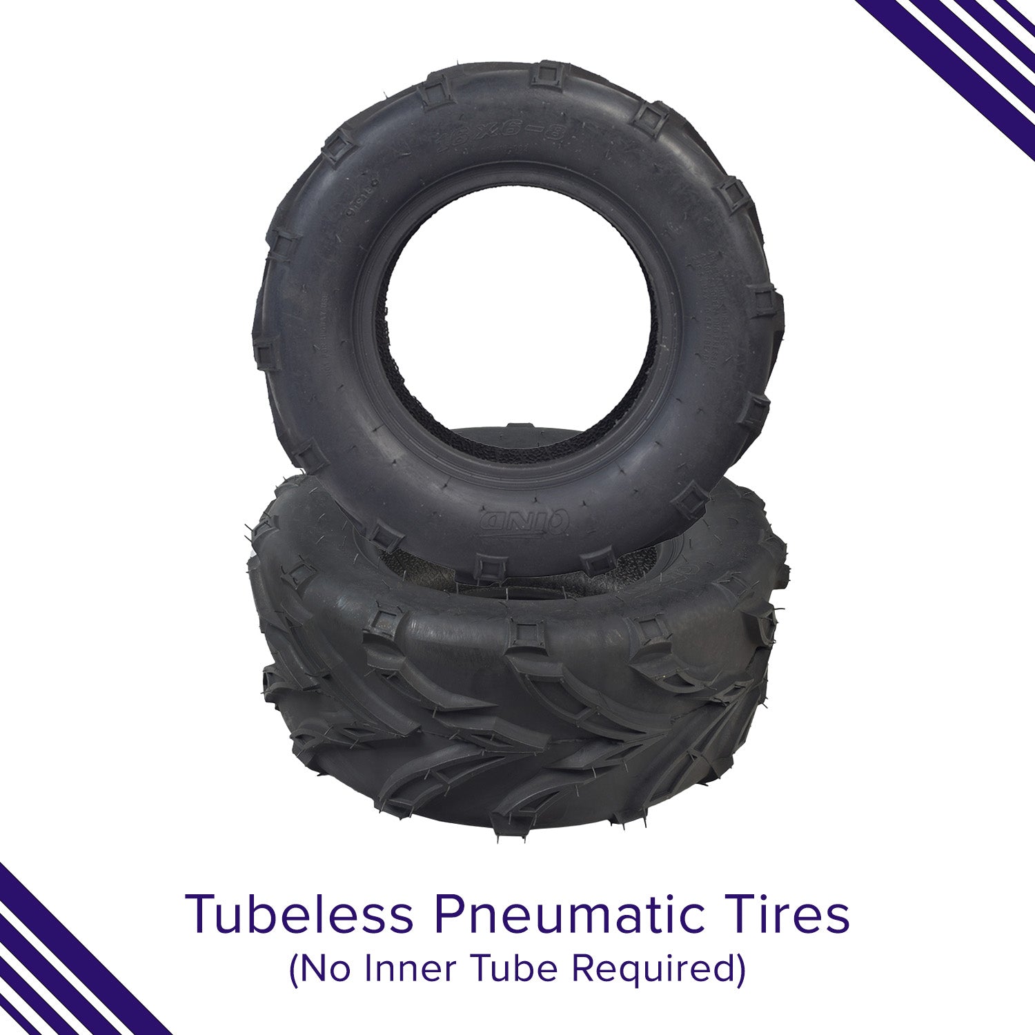 16x6-8 Rear Tire with V-Tread for Hammerhead & TrailMaster Go-Karts, showing a pair of black tires with central holes and a close-up of the QD116 V-tread pattern.