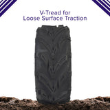 Close-up of a 16x6-8 Rear Tire with V-Tread for Hammerhead & TrailMaster Go-Karts, showcasing the QD116 V-tread pattern designed for optimal performance on loose surfaces like sand and gravel.