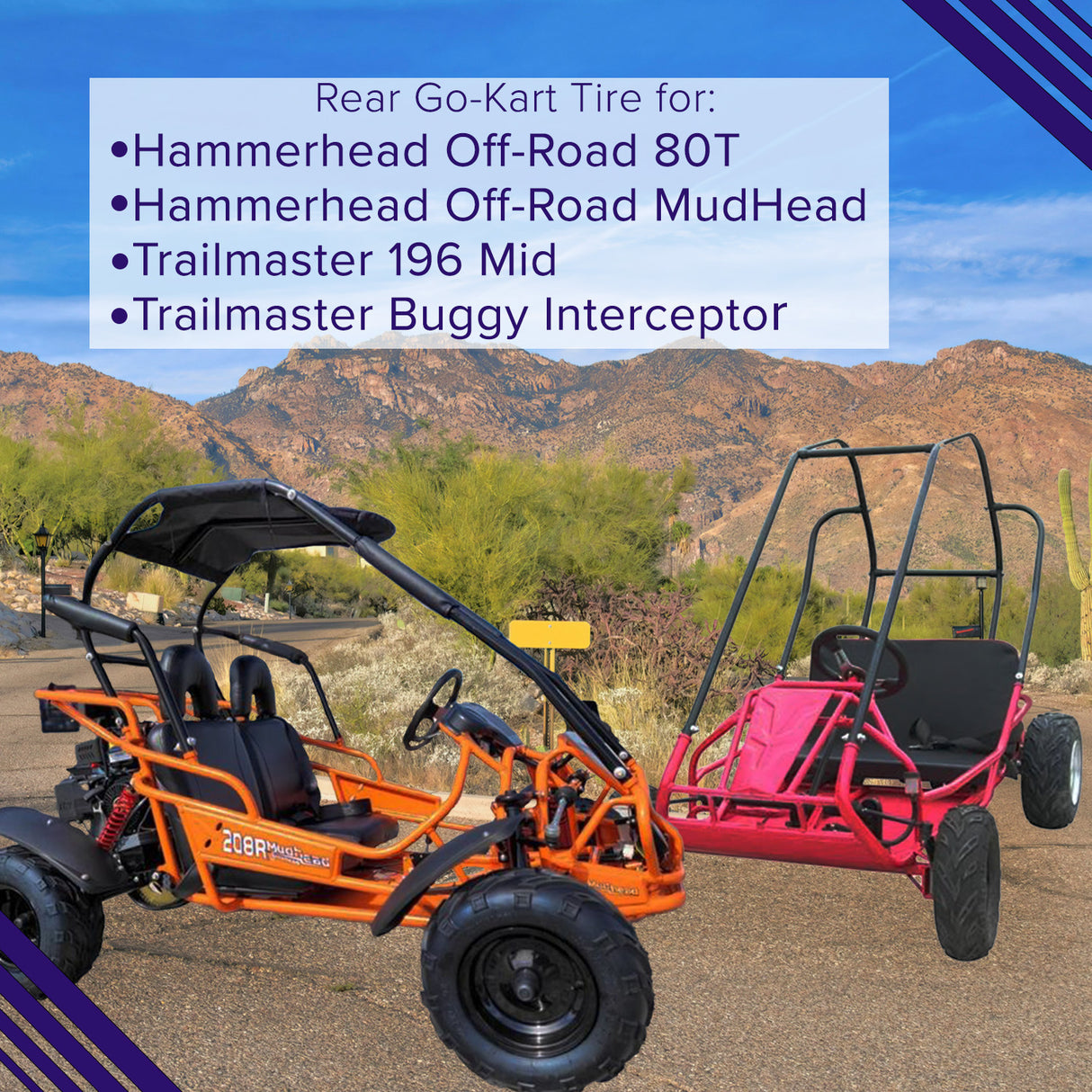 16x6-8 Rear Tire with V-Tread for Hammerhead & TrailMaster Go-Karts parked on a road, highlighting its all-terrain performance with a close-up view of the tread pattern and wheel.