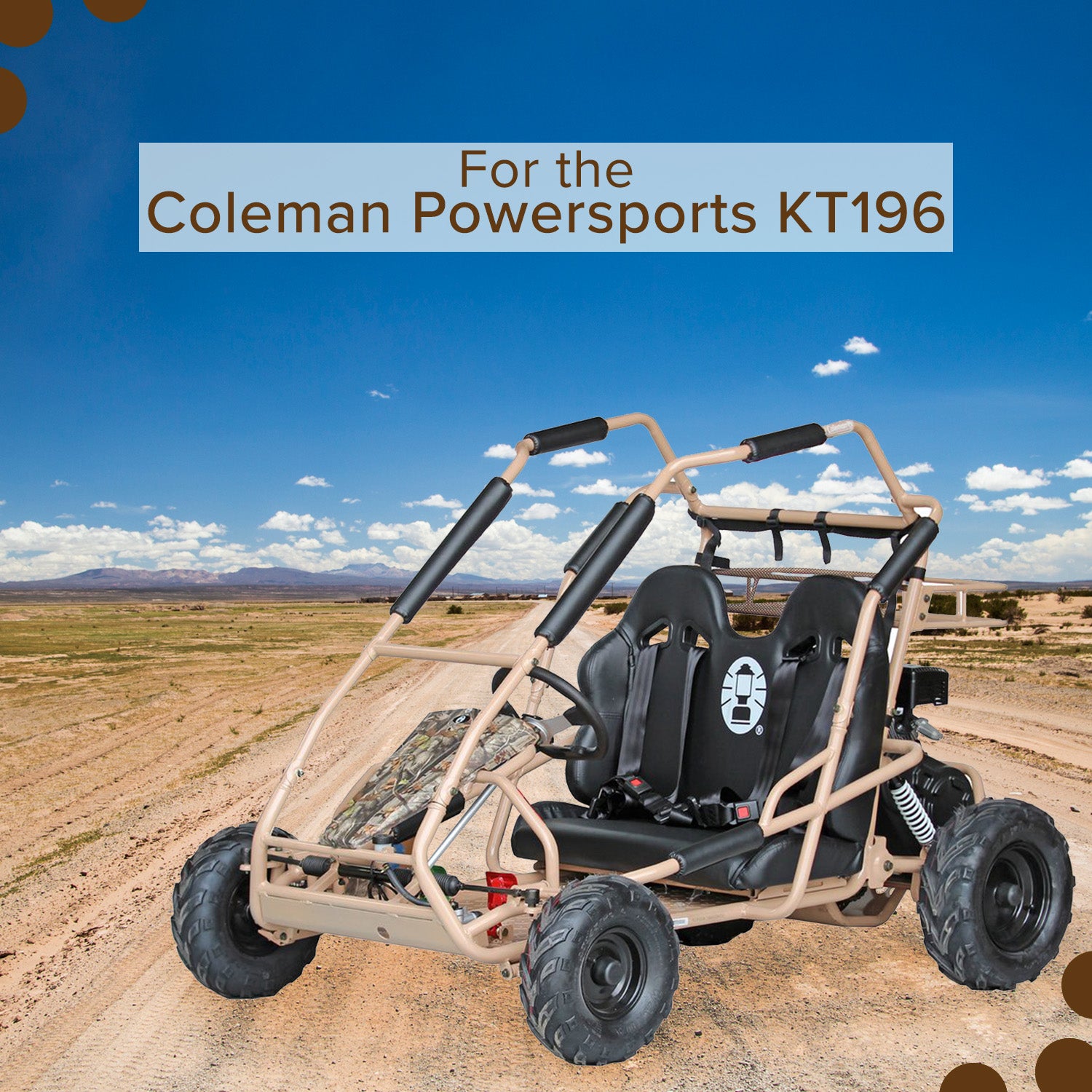 16x6-8 Rear Tire for the Coleman KT196 Go-Kart with bold V-tread, shown on a dirt road, highlighting its all-terrain traction performance for loose surfaces like mud, sand, and gravel.