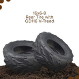 16x6-8 Rear Tire for the Coleman KT196 Go-Kart with bold V-tread, shown on dirt, highlighting its traction capabilities for loose surfaces like mud, sand, and gravel.