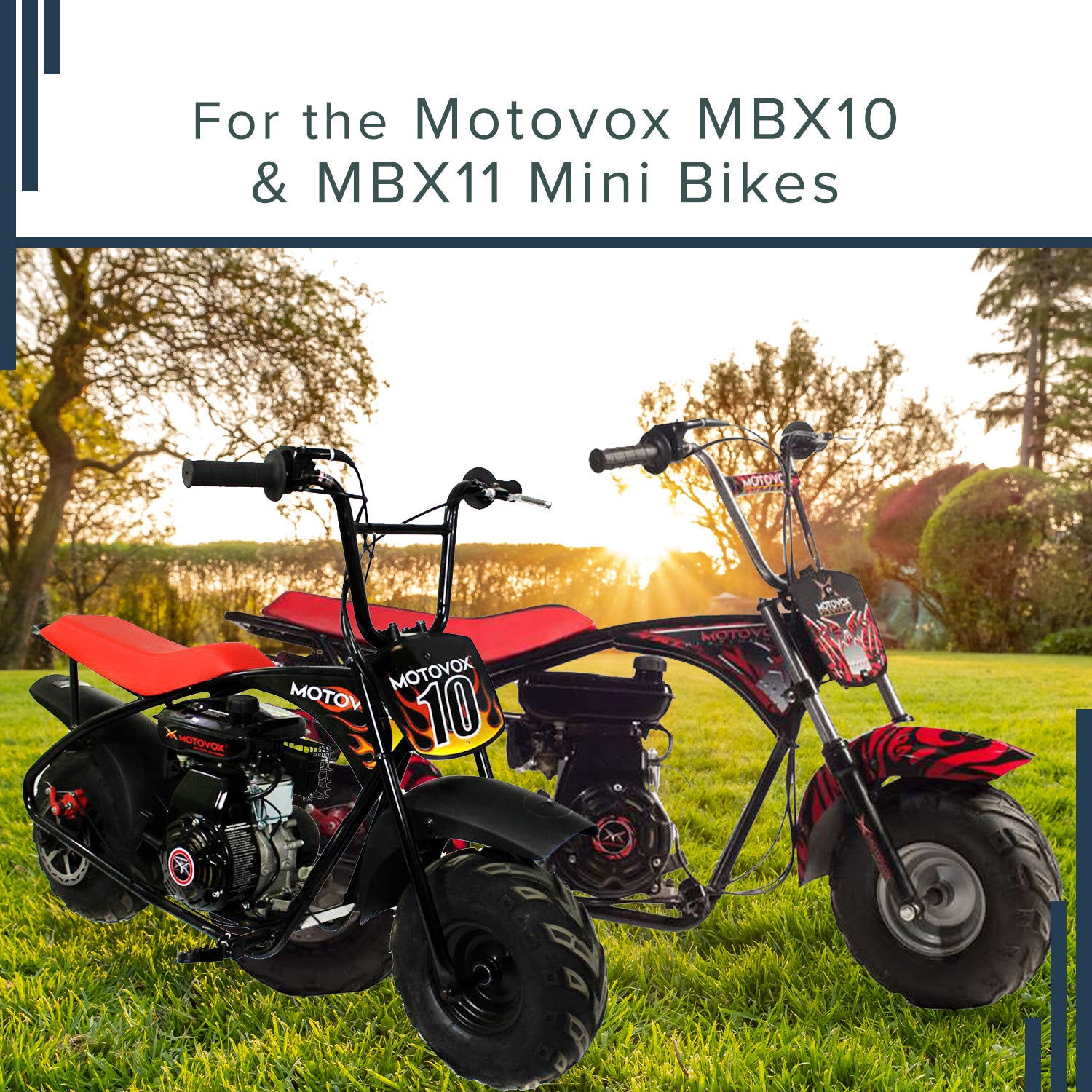 Rear Axle for Motovox MBX10 and MBX11 Mini Bikes shown in a grassy area, highlighting its black zinc oxide finish and placement on a small motorcycle.