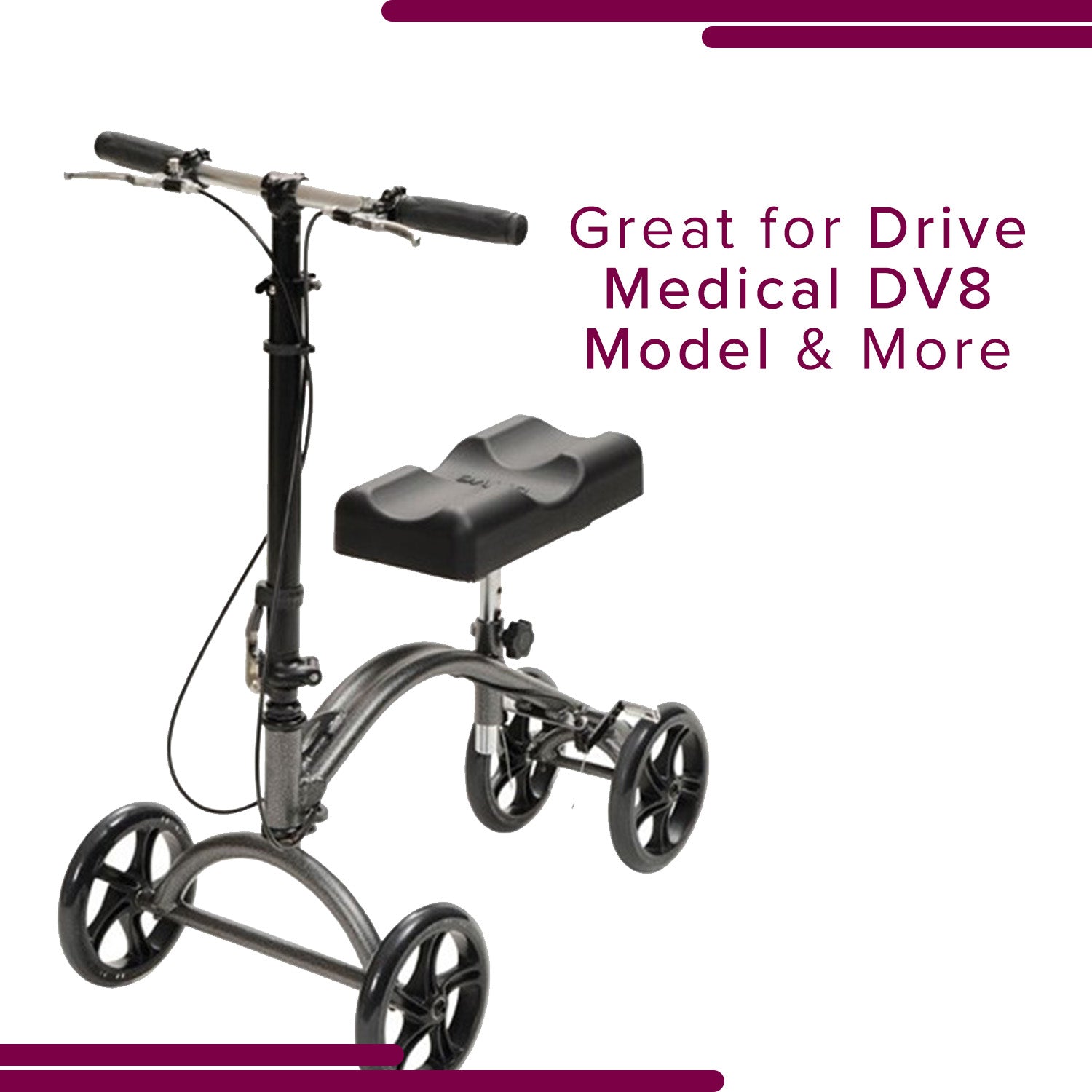 Brake Assembly for the Drive Medical DV8 Steerable Knee Walker, featuring a black tricycle design with wheels and a seat.