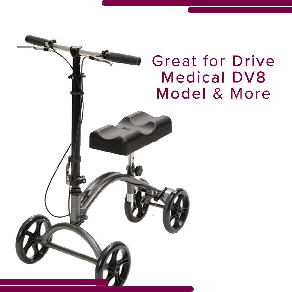 Brake Assembly for the Drive Medical DV8 Steerable Knee Walker, featuring a black tricycle design with wheels and a seat.