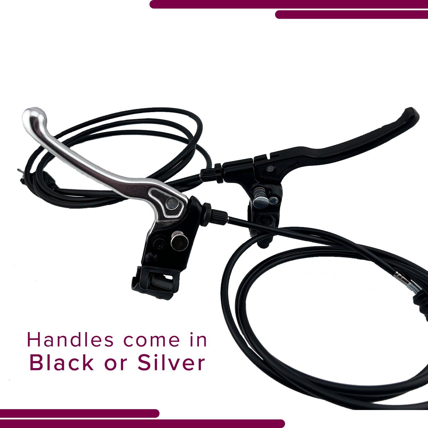 Brake Assembly for the Drive Medical DV8 Steerable Knee Walker, featuring a black handlebar, attached cables, and close-up of black and silver brake levers.