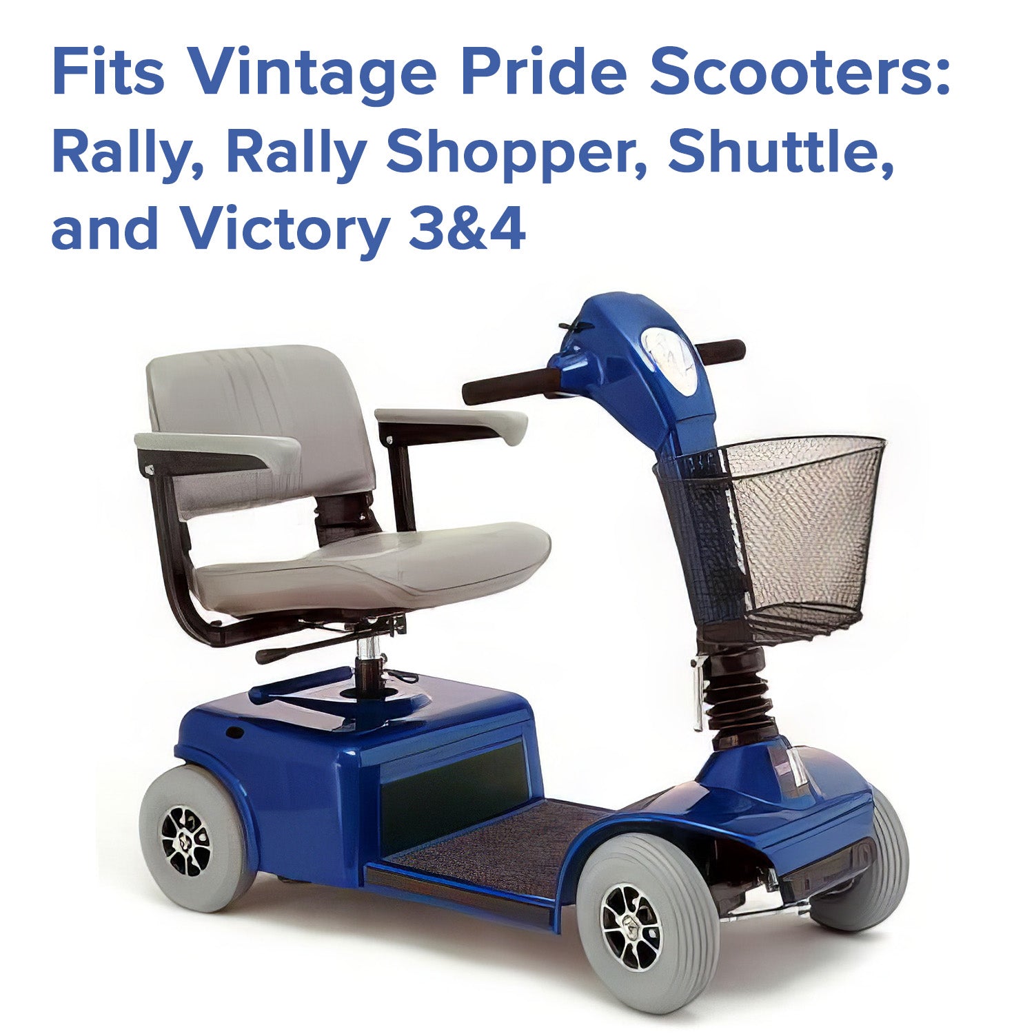 Gray solid rubber armrest pad for Pride Rally, Rally Shopper, Shuttle, Victory 3, and Victory 4 mobility scooters attached to a blue and grey scooter with a basket on the back.