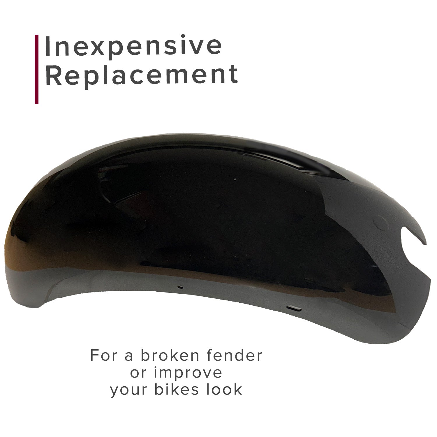 Seat & Fender Cosmetic Refresh Mini Bike Kit featuring a black vinyl saddle and durable plastic fenders shown on a white background. Close-up highlights the seat's padded surface and wide dimensions.