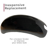 Rear Fender for the Massimo Warrior 200 (MB200) Mini Bike, shown as a black plastic component with text detailing, designed for customization and replacement on the mini bike.