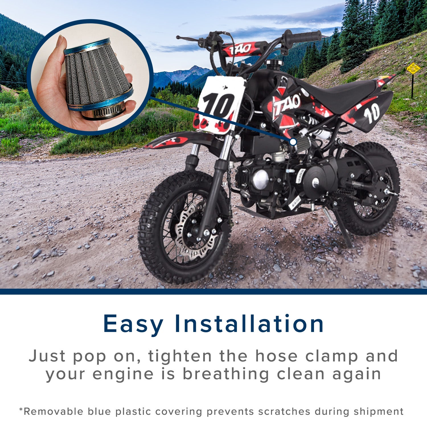 35 mm Air Filter for 49cc-150cc ATVs & Dirt Bikes, shown close-up in hand, featuring a round metal design with visible fine mesh for optimal air filtration.