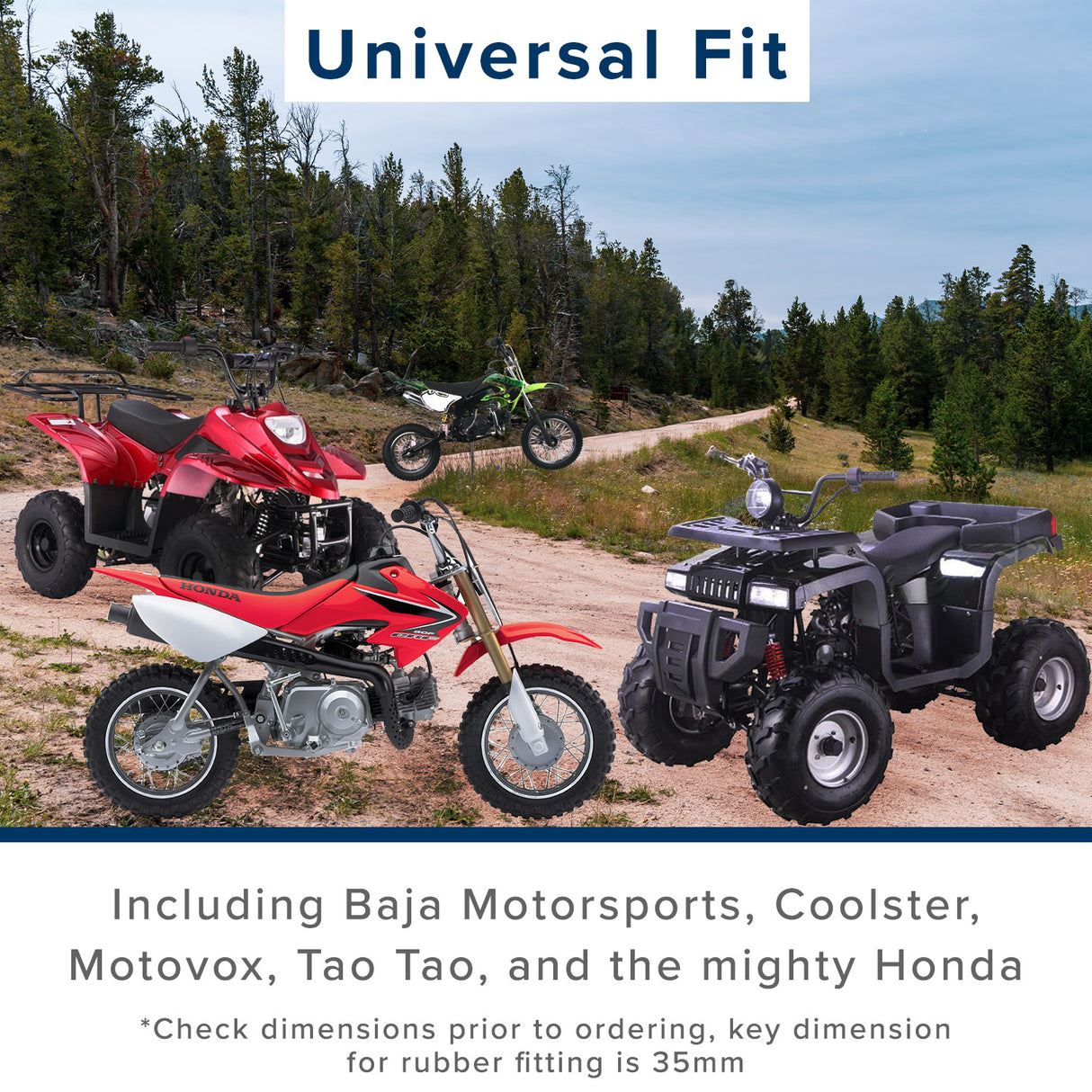 50cc, 70cc, 90cc, 110cc, 125cc PZ19 Go-Kart Carburetor with 19 mm Intake and Right Side Choke, displayed among ATVs on a dirt road, highlighting its compatibility with various vehicles.