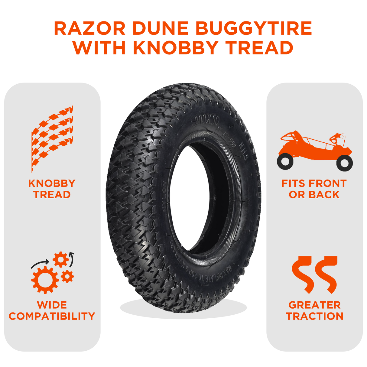 200x50 (8x2) Tire with Knobby Diamond Tread for the Razor Dune Buggy, featuring pronounced raised diamond-shaped knobs for enhanced traction, designed for various applications including go-karts and offroad kick scooters.