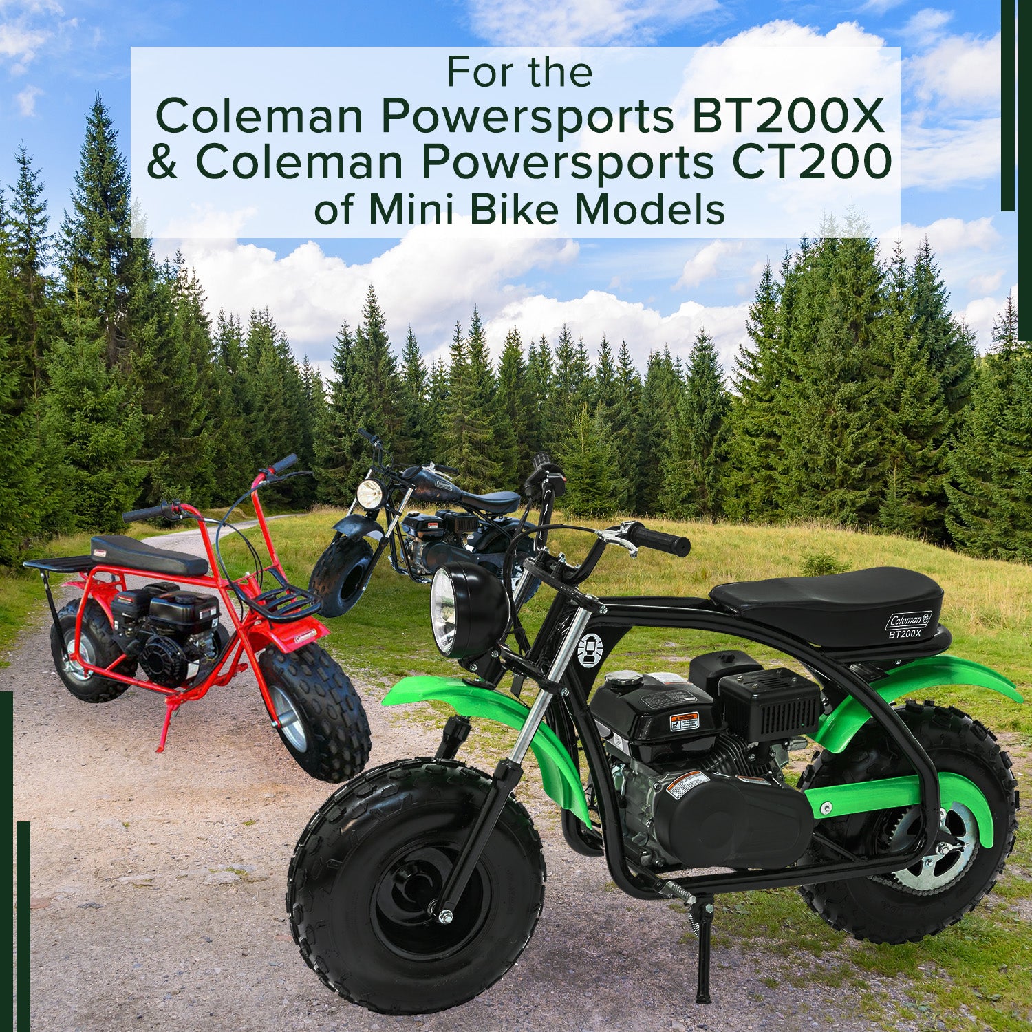 Jackshaft Assembly for Coleman BT200X, CT200U, & CT200U-EX Mini Bikes, showcasing the frame's mounting leg tabs, chain sprocket, and clutch assembly, viewed on a gravel road near parked motorcycles.