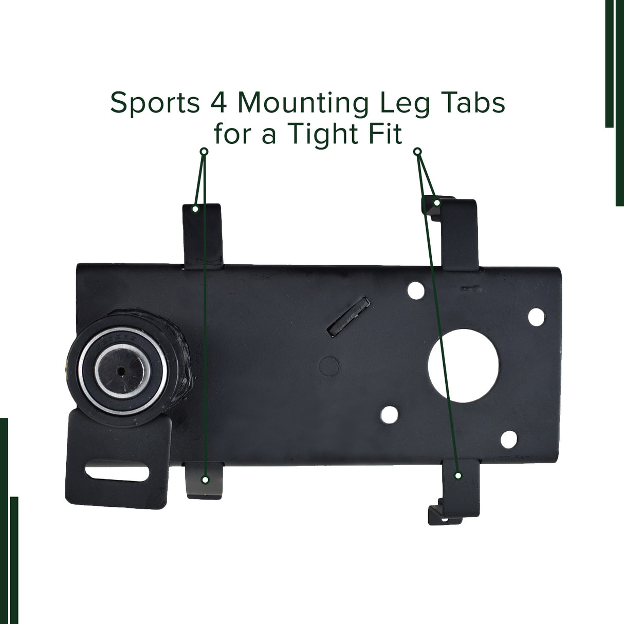 Jackshaft Assembly for Coleman BT200X, CT200U, & CT200U-EX Mini Bikes, featuring a black metal plate with a round wheel, green lines, and mounting leg tabs, close-up showing chain tensioner.