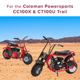 Plastic Clutch Cover for Coleman CC100X & CT100U Mini Bikes shown mounted on a mini bike in a desert setting, highlighting its function in protecting the clutch from dirt and debris.