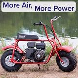 High Performance Air Filter Intake Kit for Coleman BT200X & CT200U mini bikes, shown attached to a red mini bike with a black seat and wheels, enhancing engine performance with cleaner air input.