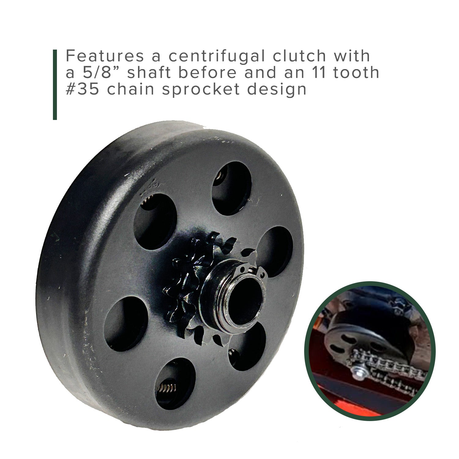 Clutch Assembly with 11 Tooth 5/8 Shaft for Motovox MBX10 and MBX11 Mini Bikes, featuring a close-up of the black circular wheel with holes and a visible chain and drive mechanism.