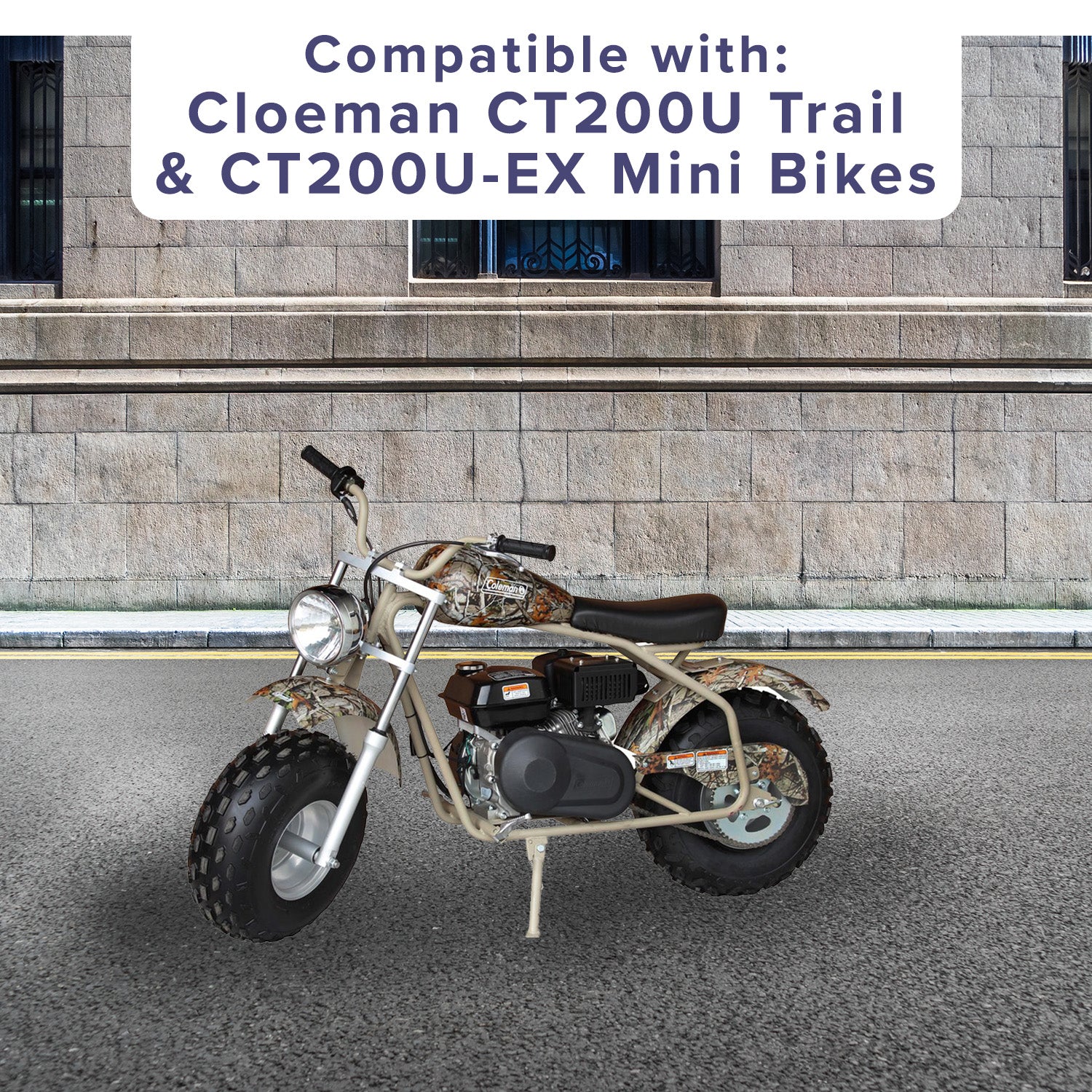 Chain Tensioner Spring for the Coleman CT200U Trail & CT200U-EX Mini Bikes, shown on a parked motorcycle, highlighting the back wheel and essential components.