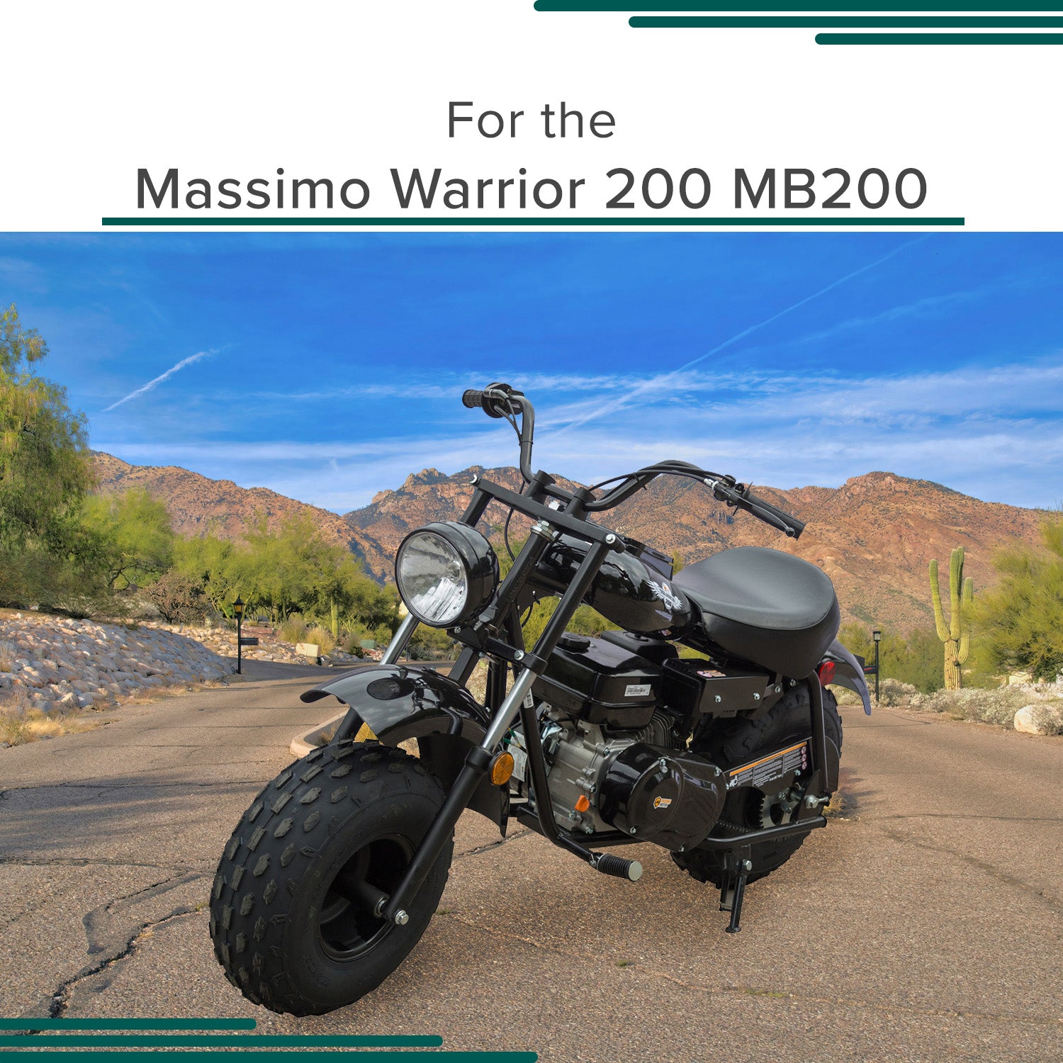 Fuel Tank for the Massimo Warrior 200 MB200 Mini Bike, featuring a steel tank with a fill strainer and cap, shown on a black motorcycle parked on a road.