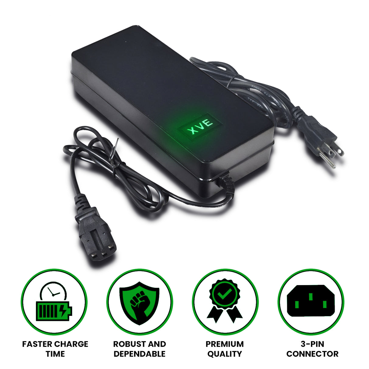 48 Volt 3.0 Amp 3-Pin Quick-Charge Battery Charger for AGM & Gel Batteries on eWheels Scooters, featuring a black rectangular design with a green light indicator, ensuring reliable and efficient charging.