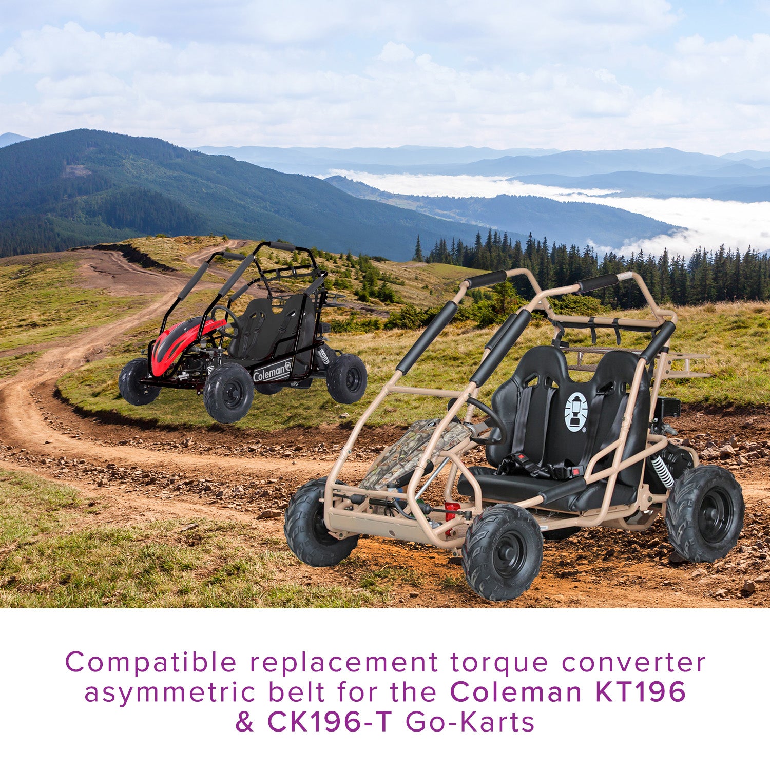 Torque Converter Asymmetric Belt for Coleman KT196 & CK196 Go-Karts, featured alongside two go-karts on a dirt road; close-up of belt's ridges and angles, highlighting essential compatibility for specific torque converters.