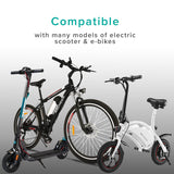 42 Volt Charger for Lithium Electric Scooters & E-Bikes, featuring a coaxial connector, shown amidst various bicycles and scooters. Optimized for Lithium-ion batteries with visible charging LED indicators.