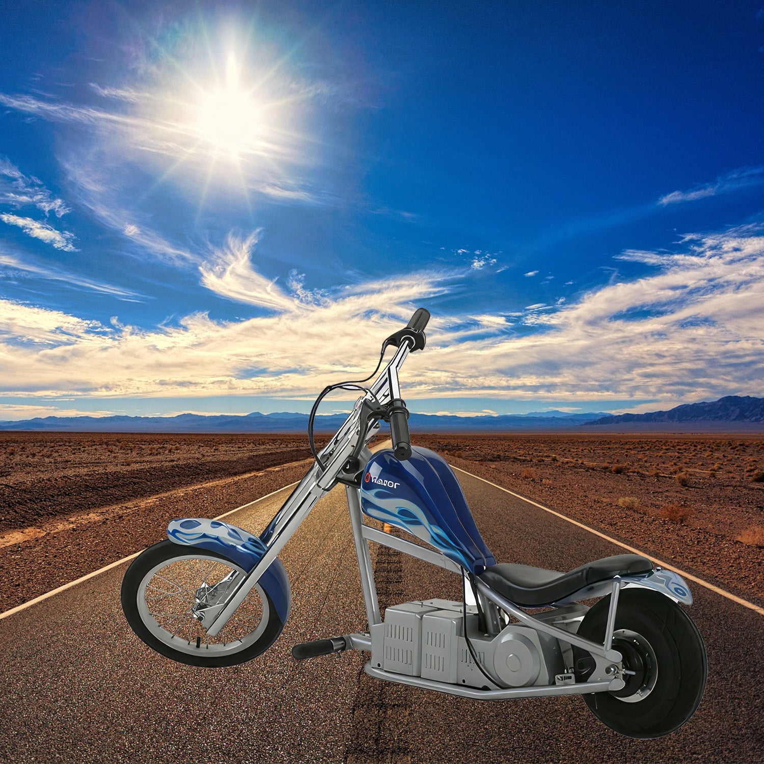 Motorcycle on road featuring the 201C6-3A / HB2430TYD-FS Razor 6-Wire Throttle & Controller Bundle for all versions of the Razor Mini Chopper, replacing discontinued CT-201 and CT-201C6 modules.