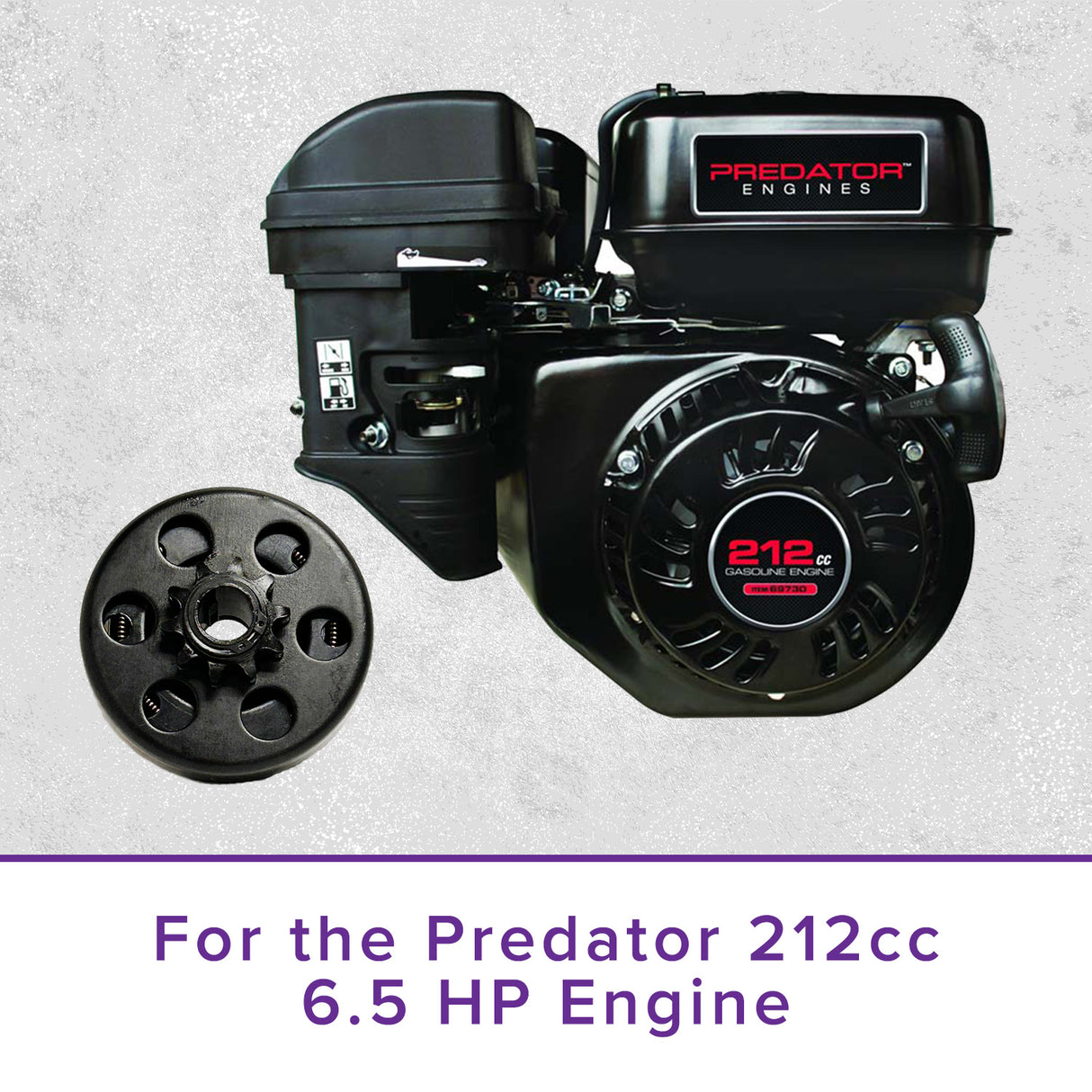 Clutch Assembly with 3/4 Shaft for the Predator 212cc 6.5 HP Engine, featuring a close-up of the black engine and black wheel components, including a 420 chain sprocket with 10 teeth.