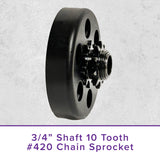 Clutch Assembly with 3/4 Shaft for the Predator 212cc 6.5 HP Engine, featuring a black metal wheel with multiple holes and a 420 chain sprocket with 10 teeth, suitable for small utility engines.