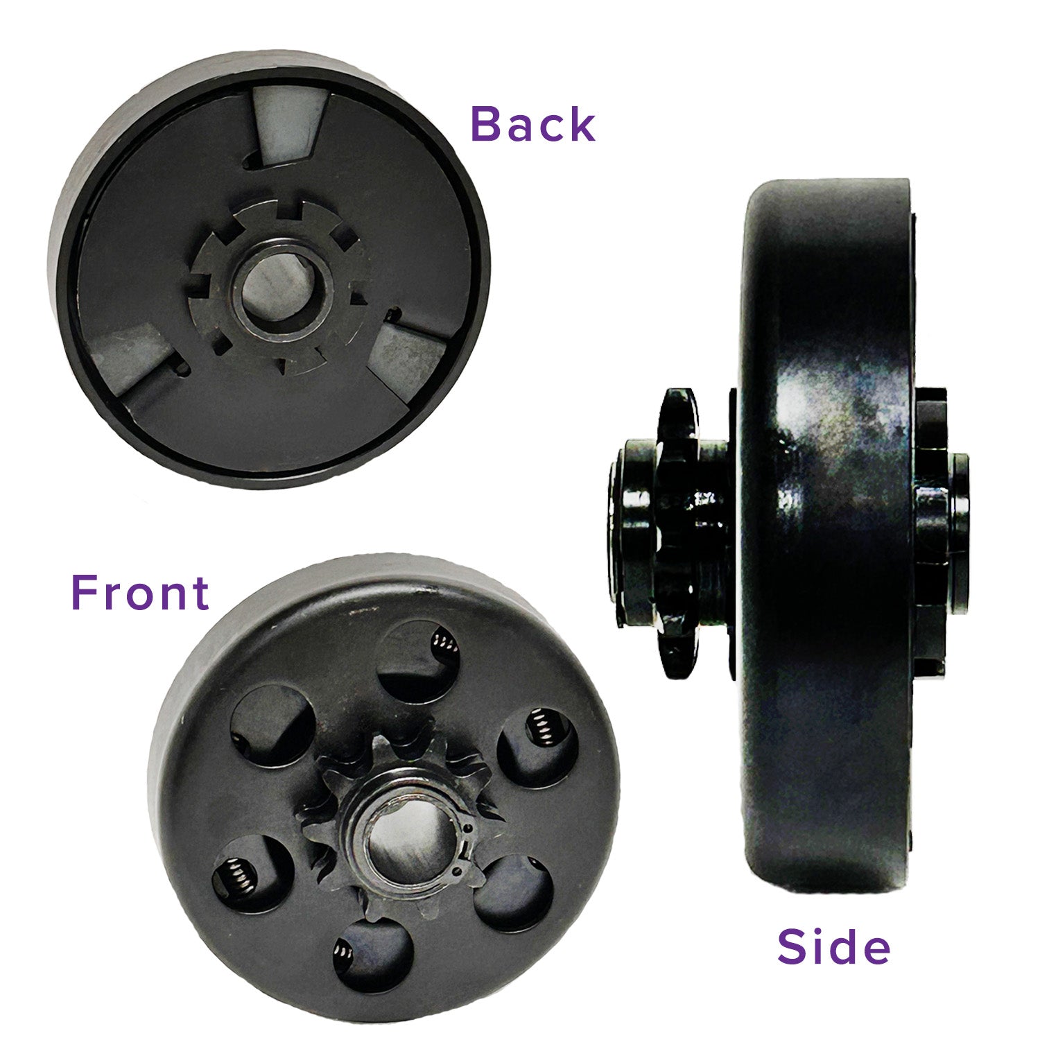 Clutch Assembly with 3/4 Shaft & 10 Tooth 420 Chain Sprocket for 163cc 5.5 Hp & 196cc 6.5 Hp Engines, shown in a close-up of the black metal circular component with holes and gears.