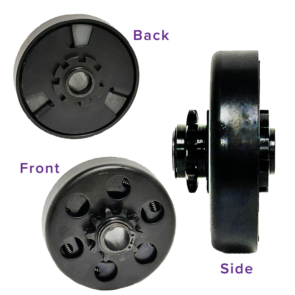 3/4 Bore Clutch Assembly with 10-Tooth #420 Chain Sprocket for the Massimo Warrior 200 MB200 Mini Bike, featuring a close-up of its circular metal gear and sprocket design.