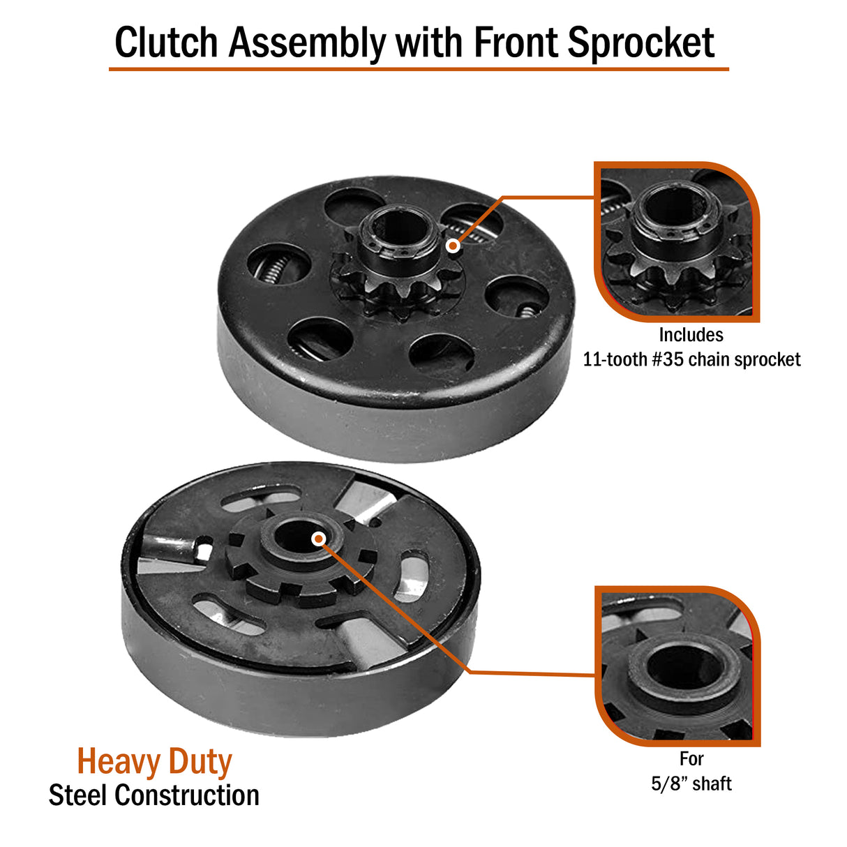 Clutch Assembly with Front Sprocket for 80cc Motovox Go-Karts: Close-up of a black circular clutch assembly with holes and an 11-tooth front sprocket, essential for power transfer in go-kart engines.